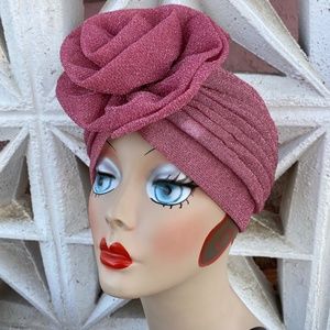 Baby Pink Gorgeous sparkle metallic flower turban cloche